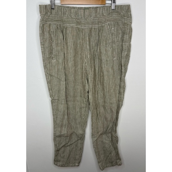 ANTHROPOLOGIE 100% Linen Green and White Stripe Tapered Pants - Picture 2 of 6